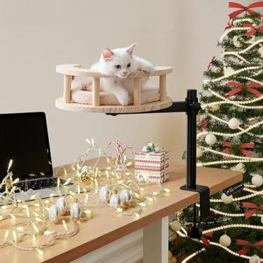 Imagem de BYBYME Cama de mesa de gato para gatos internos com altura ajustável e rotação de 360°, ninho de gatinho de mesa de madeira para mesas de escritório ou mesas domésticas, móveis de madeira para