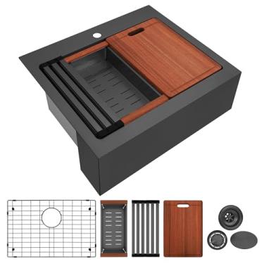 Imagem de YetCrest Pia de fazenda preta de 66 cm, tigela única preta, 66 x 56 cm, avental de casa de fazenda de 26 cm de profundidade para estação de trabalho em aço inoxidável, suporte para pia de cozinha