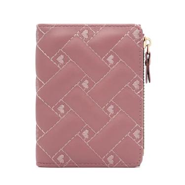 Imagem de defway Carteira feminina pequena e fina com bordado de coração, compacta com compartimentos para cartões e janela para identidade, material de PVC durável, presente para ela, rosa, Casual
