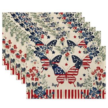 Imagem de Jogo americano de pano do Dia da Independência, conjunto de 6 jogos americanos com flores de borboleta americana, resistente ao calor, tapetes de linho laváveis para sala de jantar, decoração de mesa