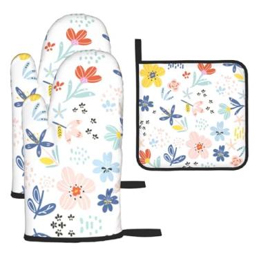 Imagem de Conjunto de cozinha essencial com 3 peças de flores pequenas e frescas, luvas seguras para calor, proteção para churrasco no forno, design de armazenamento suspenso.