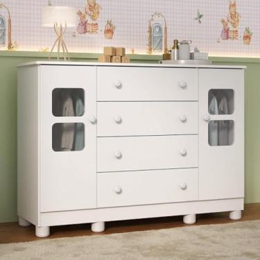 Imagem de Cômoda Infantil 125cm 2 Portas com Vidro e 4 Gavetas Sol Multimóveis Mp4423 Branco