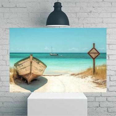 Imagem de Arte de parede em tela rústica vintage paisagem marítima barco de praia - Pôster sem moldura de 30 x 45 cm - Ideia de presente para decoração de casa e escritório para sala de estar, quarto, cozinha e