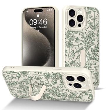 Imagem de DOTARA Capa compatível com iPhone 15 Pro Max com alça de dedo, estampa de flor de sálvia branca compatível com Magsafe, capa fina à prova de choque com proteção de câmera para mulheres e meninas