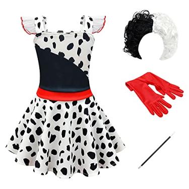 Imagem de Fantasia de Halloween para crianças, vestido de cachorro dálmata, bebê, carnaval, cosplay, fantasia, festa, aniversário, fotografia, dramatização, vestido, peruca + luvas + mastro, conjunto de 5 peças