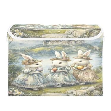 Imagem de CEBUGI Caixotes de armazenamento com tampas, caixa de armazenamento de tecido dobrável, organizadores de cubos fofos coelhinhos brancos para prateleiras de quarto de armário de casa 40 x 30 x 39 cm