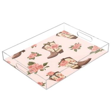 Imagem de STAYTOP Bandeja de servir de acrílico Cowgirl Boots com rosas, 15,7 x 11,20 cm, bandejas decorativas à prova de derramamento, organizador de bancada para café da manhã, chá, comida, maquiagem
