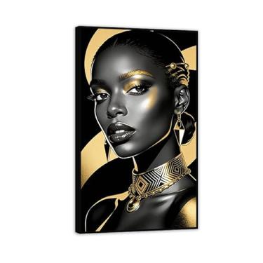 Imagem de Pôster feminino preto menina afro-americana, pintura em tela dourada e negra, arte de parede, decoração de retrato feminino, sala de estar, quarto, banheiro, 30 x 52 cm, moldura preta