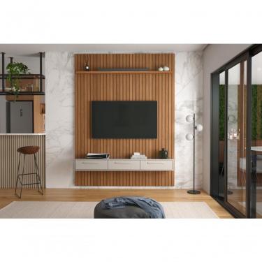 Imagem de Conj. Painel Oslo Frisado Com Prateleira - Jequitiba + Bancada Bali 1.9 3 Gaveteiros - Off White