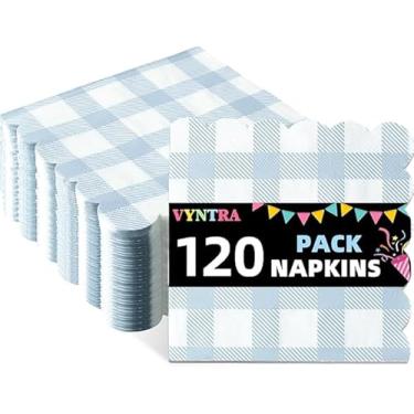 Imagem de Vyntra Guardanapos de papel descartáveis Blue Gingham, 120 peças — Guardanapos de festa xadrez macios e absorventes para piquenique, churrasco, aniversário, chá de bebê, casamento e eventos