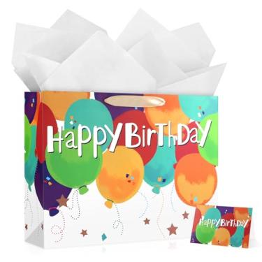 Imagem de YoungTree Bolsa grande de presente de feliz aniversário com papéis de seda e cartão, sacos de presente de papel portátil com alças, sacos de presente para mulheres e homens, suprimentos de festa de