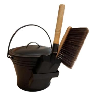 Imagem de Fenteer Balde de cinzas portátil com pá e vassoura de mão em ferro para fogão a lenha, acessórios para lareira interna e externa