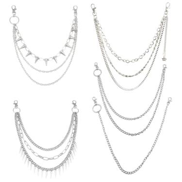 Imagem de Faccubee Calça punk gótica, 5 peças, correntes, hip hop, rock, para homens, mulheres, jeans, cinto, carteira, chaveiro, vintage, prata, rebite