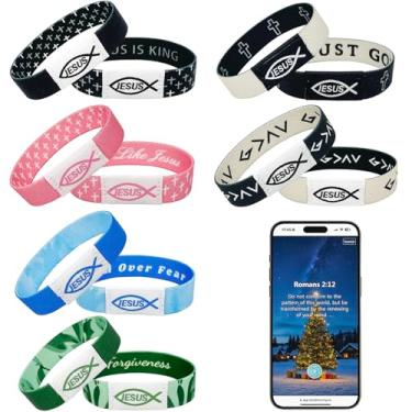 Imagem de BomBuull Pacote com 6 pulseiras inspiradoras com versículo bíblico, joias religiosas cristãs com versículo bíblico diário NFC, pulseira de amizade com cordão elástico para adolescentes, homens