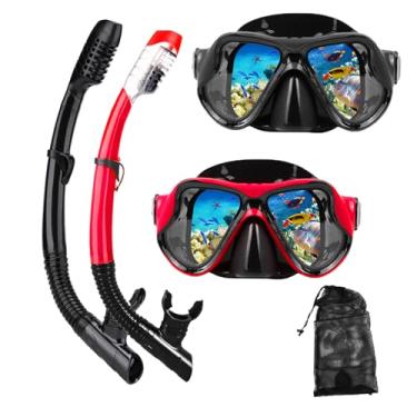 Imagem de DIPUKI Conjunto de máscara de snorkel para adultos, máscara de mergulho, máscara de mergulho com snorkel seco, óculos de natação, máscara de mergulho, cobertura do nariz, para jovens livre de mergulho (preto + vermelho (pacote com 2))