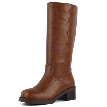 Imagem de FancyQueen Botas de cano alto femininas, bico quadrado, cano alto, salto grosso, salto baixo, calçado moderno para uso casual, campus, festa, shows de campo, outono e equitação, Marrom, 35