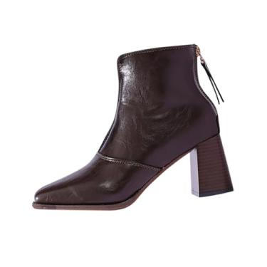 Imagem de Botas femininas de cano curto para uso casual no inverno bico fino sólido salto com zíper nas costas design de salto alto confortável para uso ao ar livre material PU, Marrom, 35