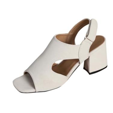 Imagem de Sandálias femininas Fish-Mouth com design de cor sólida salto grosso confortável para primavera verão couro PU, Bege, 34