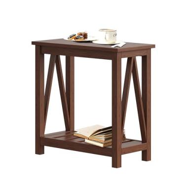 Imagem de ChooChoo Mesa de canto de fazenda, mesa lateral estreita, mesa de canto fina com prateleira de armazenamento para espaços pequenos, mesa de cabeceira rústica, para sala de estar, quarto de nogueira