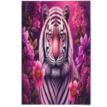 Imagem de Quebra-cabeça floral com flores roxas de tigre legal para adultos 1000 peças, quebra-cabeça engraçado arte prima pintura de belas artes decoração de casa, 1000 peças, 75 x 50 cm