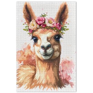 Imagem de Linda coroa de flor de lhama quebra-cabeça de 1000 peças para adultos, amigos, família, jogos, presentes, quebra-cabeça colorido, pintura de arte floral