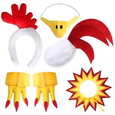 Imagem de Kyson Conjunto de acessórios de fantasia de galinha, incluindo faixa de cabeça de pente de galo, coleira de cobertura de pés para Halloween, Ação de Graças, Conjunto A - 6 peças, Tamanho Único