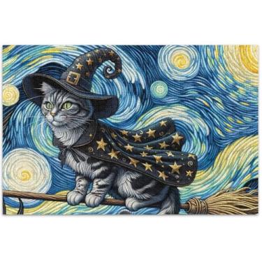 Imagem de Quebra-cabeça de bruxa gato noite estrelada adulto 500 peças presentes de tecnologia de jogo divertido brinquedo adulto pintura animal, 51 x 37 centímetros