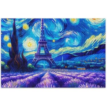 Imagem de Noite estrelada lavanda Eiffel quebra-cabeça 500 peças adultos paisagem floral mordaça presente quebra-cabeça elefante branco, 51 x 35 centímetros