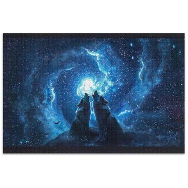 Imagem de Quebra-cabeça lobos uivando lua noite adultos 1000 peças arte quebra-cabeça paisagem divertido bobo