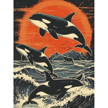 Imagem de DIY 5D Diamond Art Orcas Baleia Saltando Pôr do Sol com Broca Completa Diamante Redondo Gemas Pintura por Números Kits para Adultos Arte Artesanato Decoração de Parede de Casa 30 x 40 cm (1)