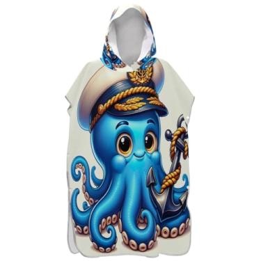 Imagem de Joisal Roupão de mudança de polvo náutico azul desenho animado para adultos poncho de surfe toalha de banho com capuz toalha de banho de secagem rápida unissex adulto poncho com capuz