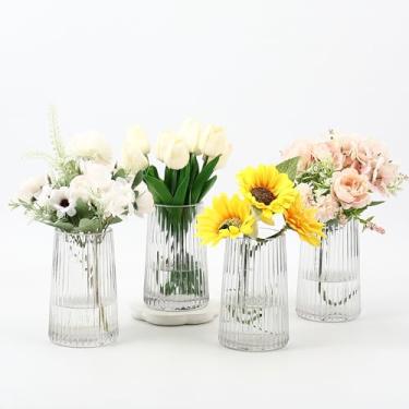 Imagem de MARTAGE Conjunto de 4 vasos de vidro transparente, vasos pequenos para flores, vaso de flores para buquê, vaso de vidro moderno com nervuras para sala de estar, quarto, mesa de jantar, escritório
