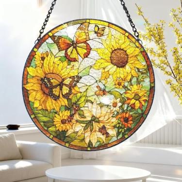 Imagem de 1 peça de decoração para pendurar apanhador de sol de acrílico colorido, borboletas e girassóis, decoração de janela de 18 cm com design de estilo vitral impresso, ideia de presente e ornamento de