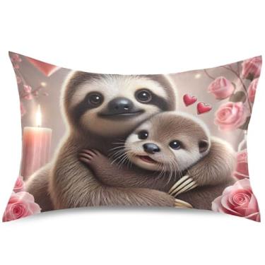 Imagem de Capa de almofada de cetim com corações de preguiça para resfriamento de cabelo, arte colorida, padrão, Queen King, decoração de casa, tamanho Queen, 76 cm x 50 cm