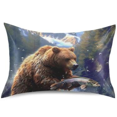Imagem de Capa de almofada de cetim com estampa de rio urso peixe para resfriamento de cabelo, capas de almofada de arte padrão king queen para sofá de cama de casa, tamanho king, 101,6 cm x 50,8 cm
