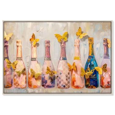 Imagem de Art Remedy Barcart Art Canvas, 38.1 cm x 25.4 cm, moldura prata, garrafas de borboleta dourada pastel