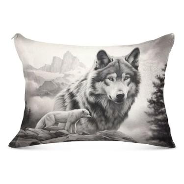 Imagem de Capas de travesseiro decorativas com desenho de tinta de lobo flanela padrão Queen King travesseiro de desenho animado para sofá de cama de casa, tamanho Queen, 50,8 cm x 76,2 cm
