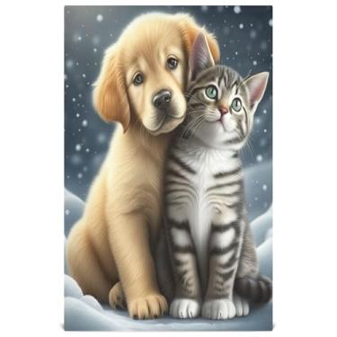 Imagem de Joisal Toalhas de prato fofas de cachorro gato gatinho neve inverno para decoração de cozinha toalhas de mão de chá fofas panos absorventes 45 x 71 cm, 1 pacote