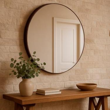 Imagem de Espelho Redondo Decorativo com Couro Costurado e Suporte de Fixação – Espelho de Parede para Sala Quarto Banheiro e Hall 30cm 40cm 50cm 60cm (Kit 3 30cm - Preto)