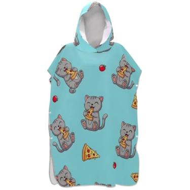 Imagem de Joisal Roupão de mudança de poncho de surfe para adultos toalha de natação com capuz plus size masculino poncho com capuz fofos desenhos animados gatos pizza azul