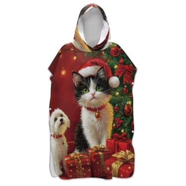 Imagem de TSENQUE Poncho de surfe para adultos trocador de roupão de praia com capuz toalha absorvente de natação poncho masculino com capuz gato branco Natal