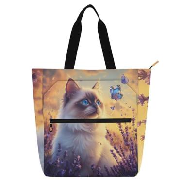 Imagem de GAIGEO Linda bolsa de mão Ragdoll Cat Floral Book para mulheres, crianças, escola, trabalho, com zíper, bolsa de lona média