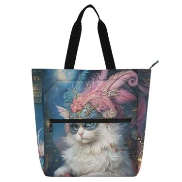 Imagem de GAIGEO Elegante sacola branca de penas de gato para mulheres e crianças com zíper bolsa para livros ombro escola trabalho viagem impressão personalizada