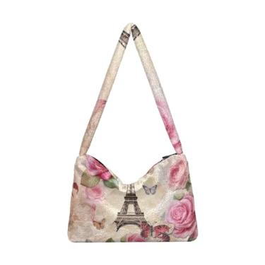 Imagem de Flores azuis e folhas verdes em bolsas de ombro femininas xadrez azul, bolsa de ombro feminina, bolsas de outono, Vintage Paris Pink Roses and Eiffel Tower-2, One Size
