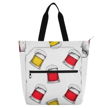 Imagem de Sacola feminina vermelha amarela canecas de trabalho de cerveja de lona para escola de praia bolsas médias para amantes de livros presentes