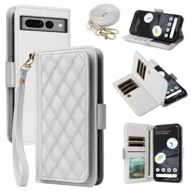 Imagem de Dibosom Capa carteira para Google Pixel 7 Pro 5G Argyle com alça de pulso/ombro slots para cartão bolsa flip, suporte minimalista acolchoado capa de celular para Pixel7Pro Pixel7 XL Seven 7Pro branco