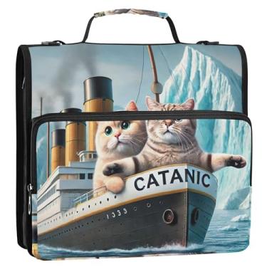 Imagem de Fichários divertidos de 3 anéis de 3 cm para gatos fofos e resistentes Titanic Kitten Binder Organizador com vários bolsos, pasta grande para portfólio com alça bolsa escolar
