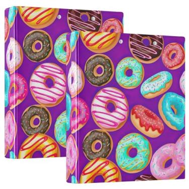 Imagem de Fichários de donuts coloridos personalizados de 3 cm com 3 argolas, 200 folhas, 3 pastas de anéis, fichário de escritório com anel redondo, 31,5 x 27 x 6 cm, pacote com 2