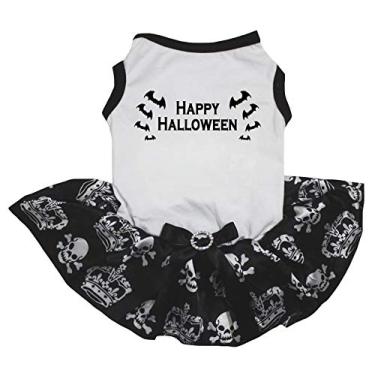 Imagem de Petitebella Vestido de cachorro tutu com caveira preta e morcego Happy Halloween (3GG)
