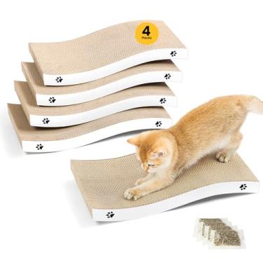 Imagem de Arranhador para gatos, almofada durável, papelão ondulado para gatos internos, resistente, uso frente e verso, reciclável, com erva-dos-gatos, médio, 4 pacotes